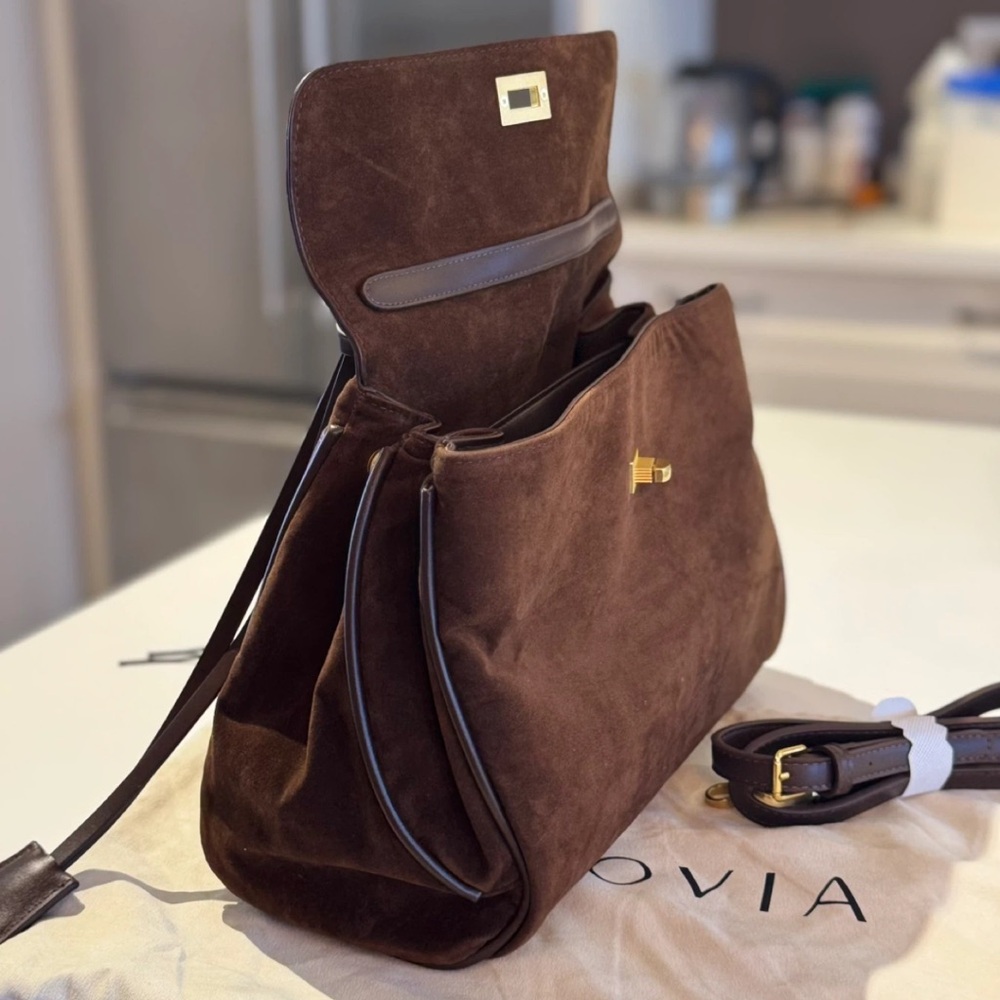 Vovia Dark Brown Suede Satchel with Gold Hardware - Picture 4 of 6